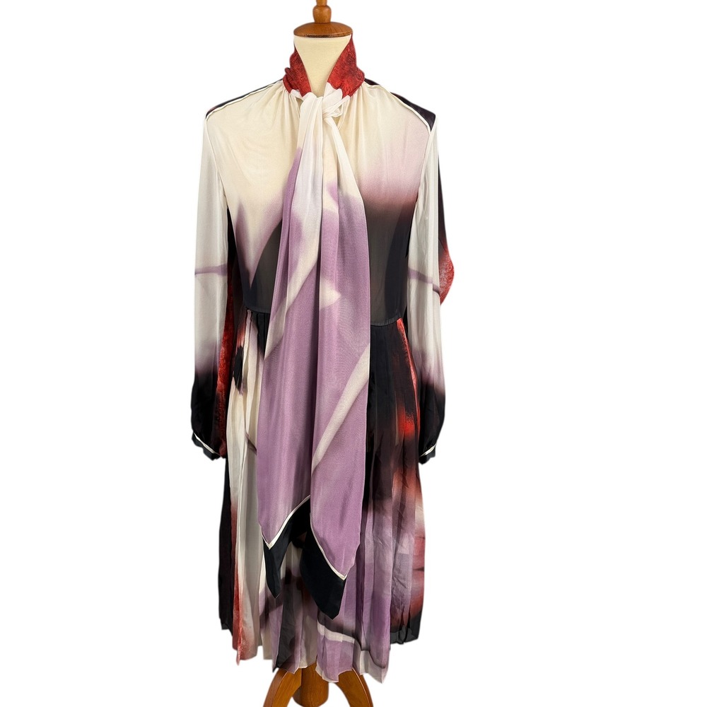 Givenchy Silk Sheer Pleated Tie Neck Dress Moth Print 2014 Riccardo Tisci FR‎ 38